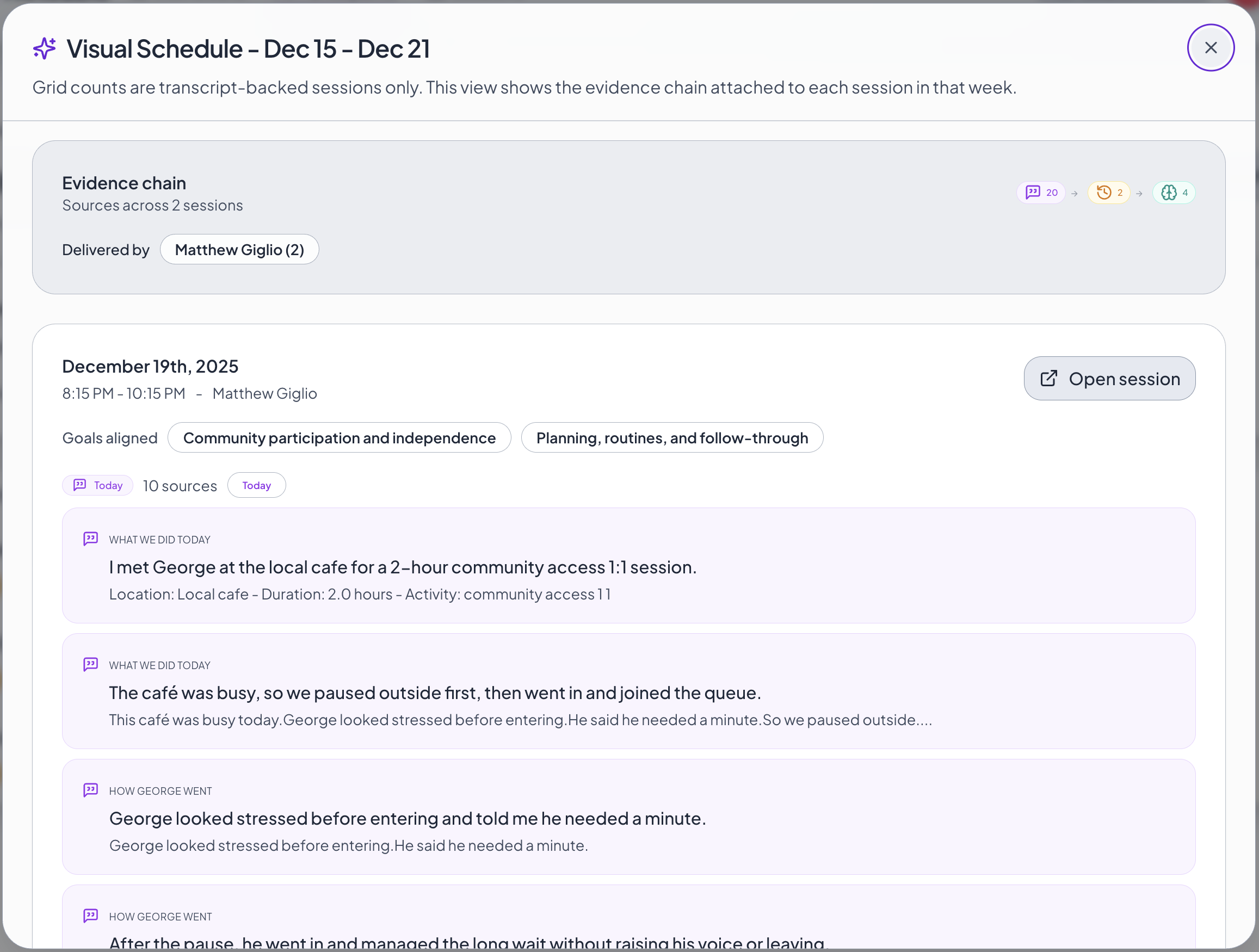 Evidence chain showing session details and worker accountability